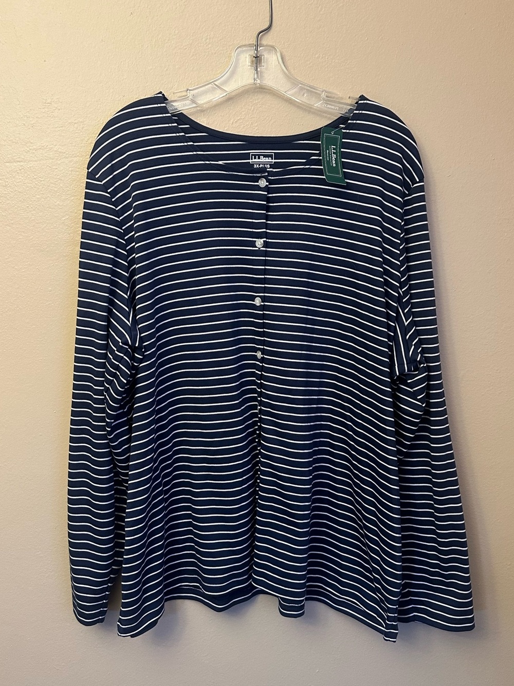 NWT LL Bean Women’s Pima Cotton Tee, Long Sleeve Crewneck Cardigan Stripe - Picture 2 of 4